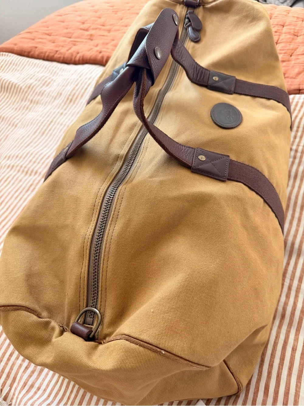 Men's Tan Canvas Duffel with Dark Brown Leather Accents